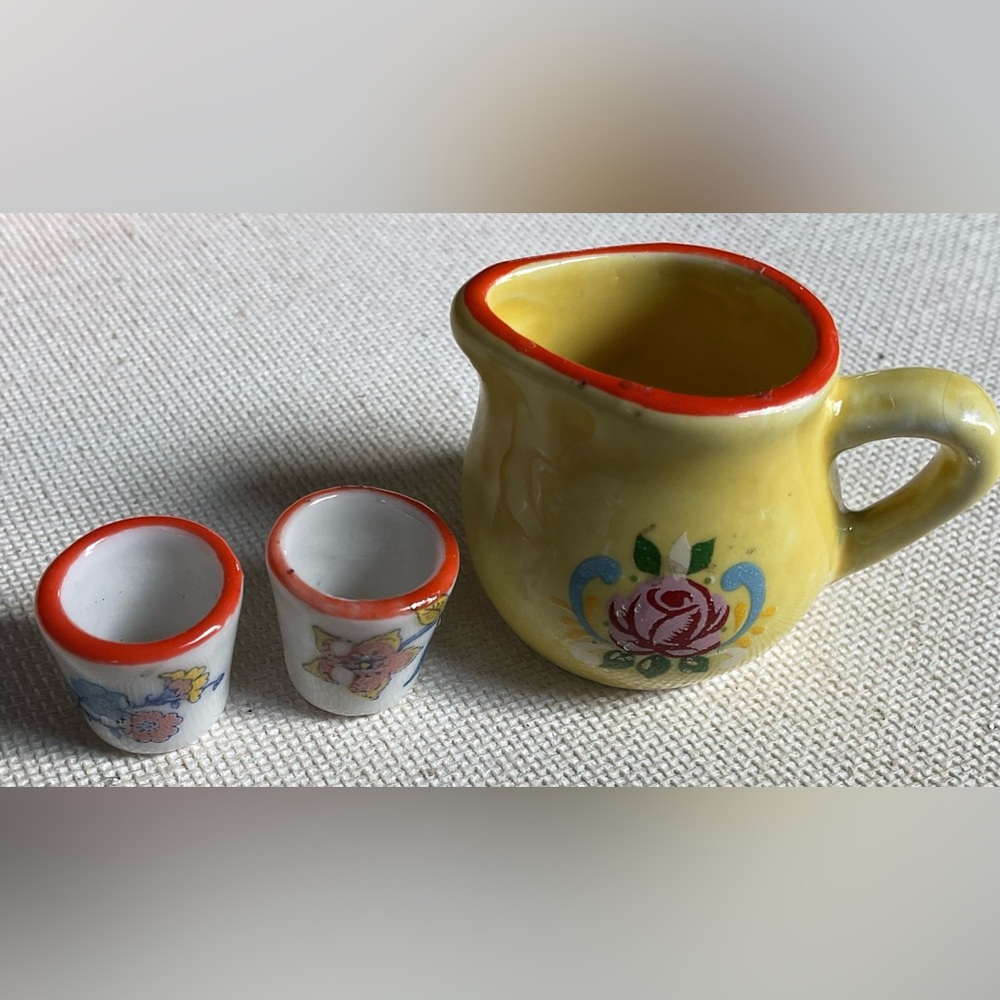 VGT. Miniature Adorable Yellow Ceramic Pitcher & Two Cups Set